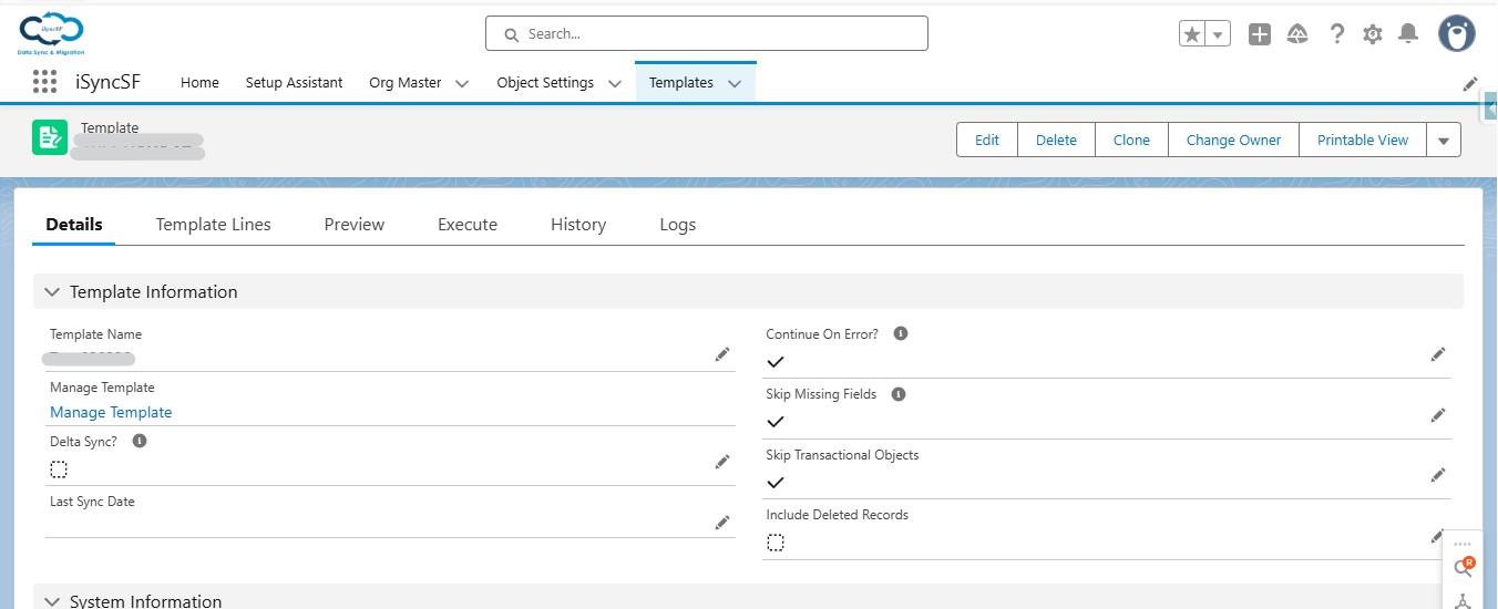 iSyncSF Sync Template creation interface with delta sync, error handling, and batch size settings